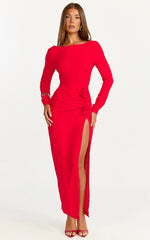 Vivienne Maxi Dress - Boat Neck Long Sleeve Rosette Detail Dress in Red