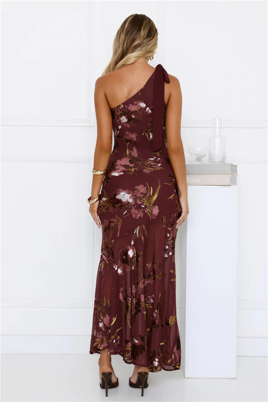 Opulent Bloom One Shoulder Maxi Dress Burgundy