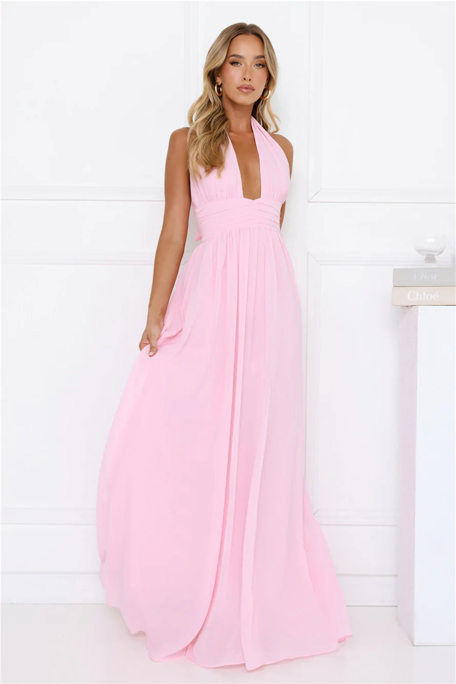 Rosé Opulence Halter Maxi Dress Pink