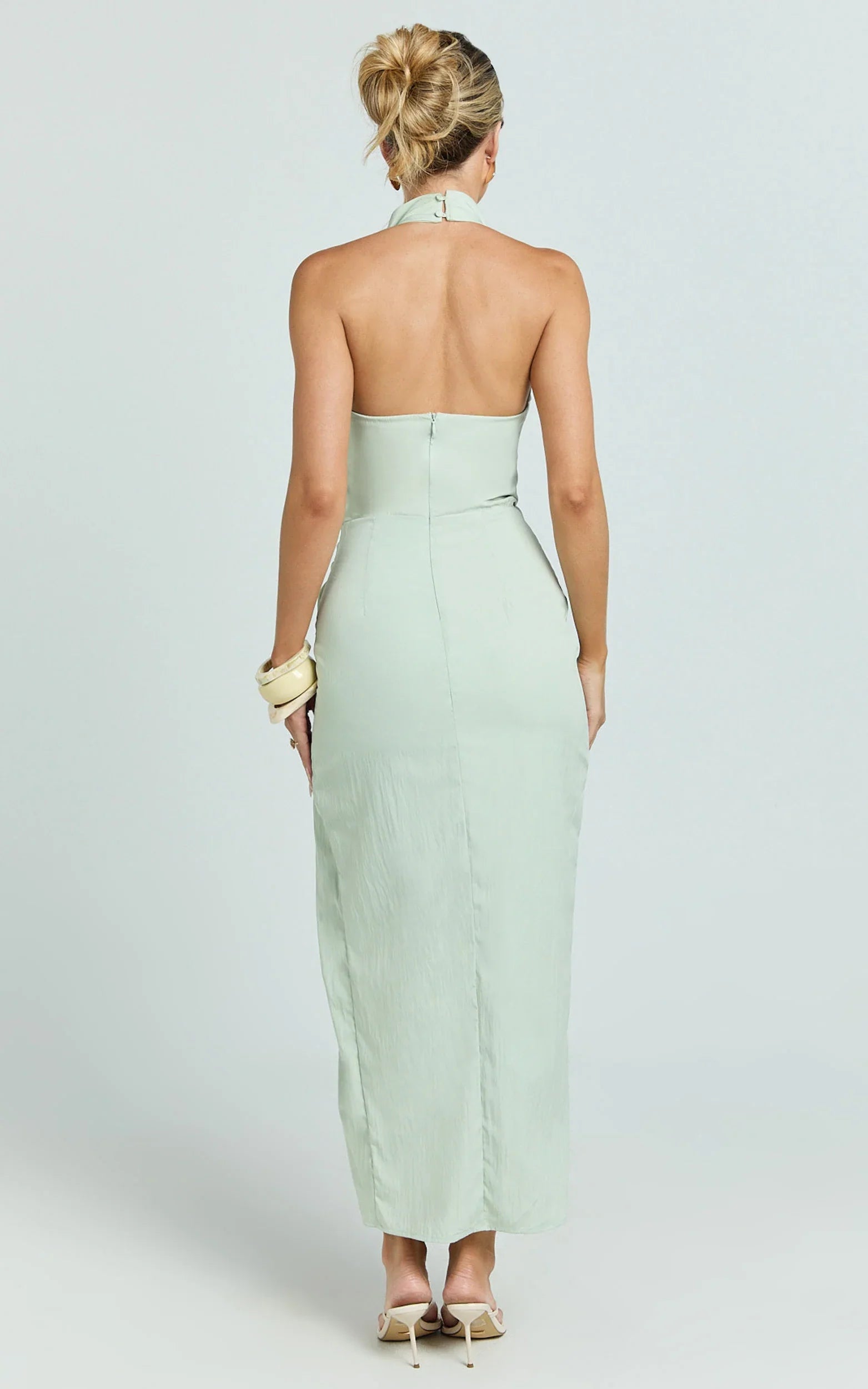 Finn Midi Dress - Folded Cowl Halter With Front Leg Split in Sage