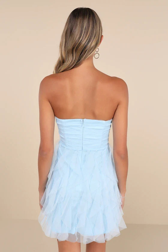 Delightful Beauty Pale Pink Mesh Strapless Ruffled Mini Dress