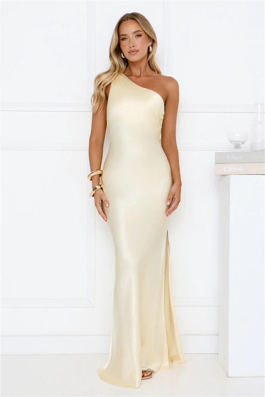 Modern Day Love One Shoulder Satin Maxi Dress Yellow