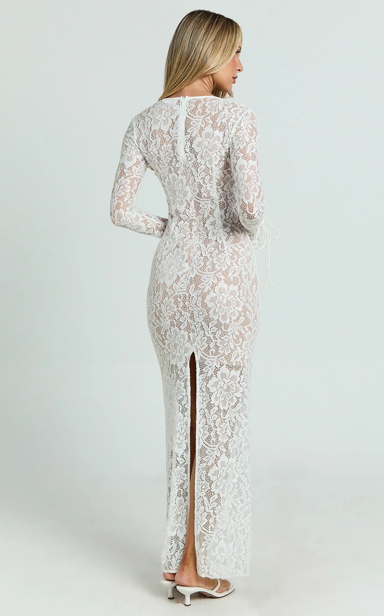 Paula Maxi Dress - Lace V Neck Long Sleeve Column Dress in White
