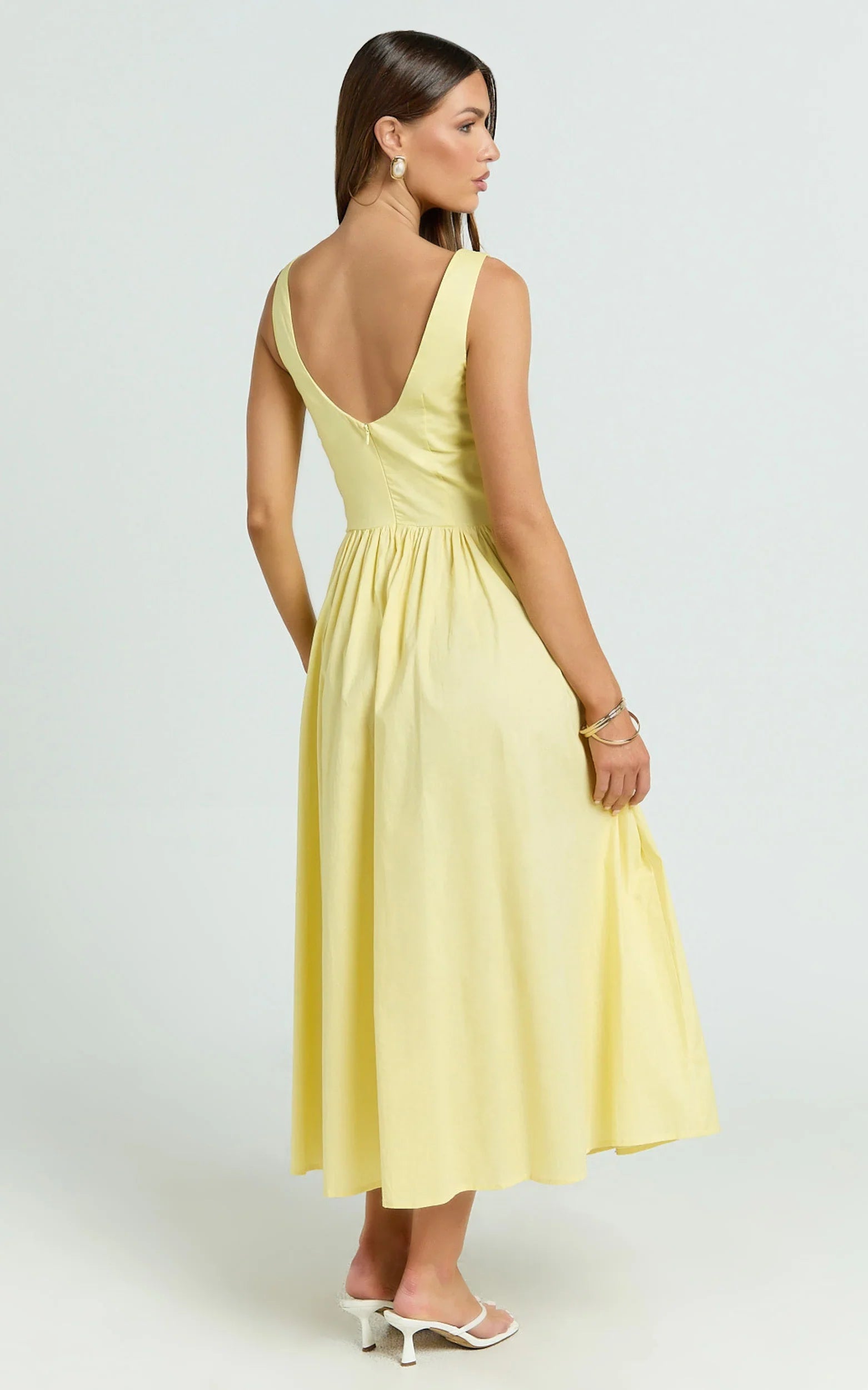 Beckett Midi Dress - Scoop Neck Drop V Waist Gathered Skirt Dress in Butter Yellow