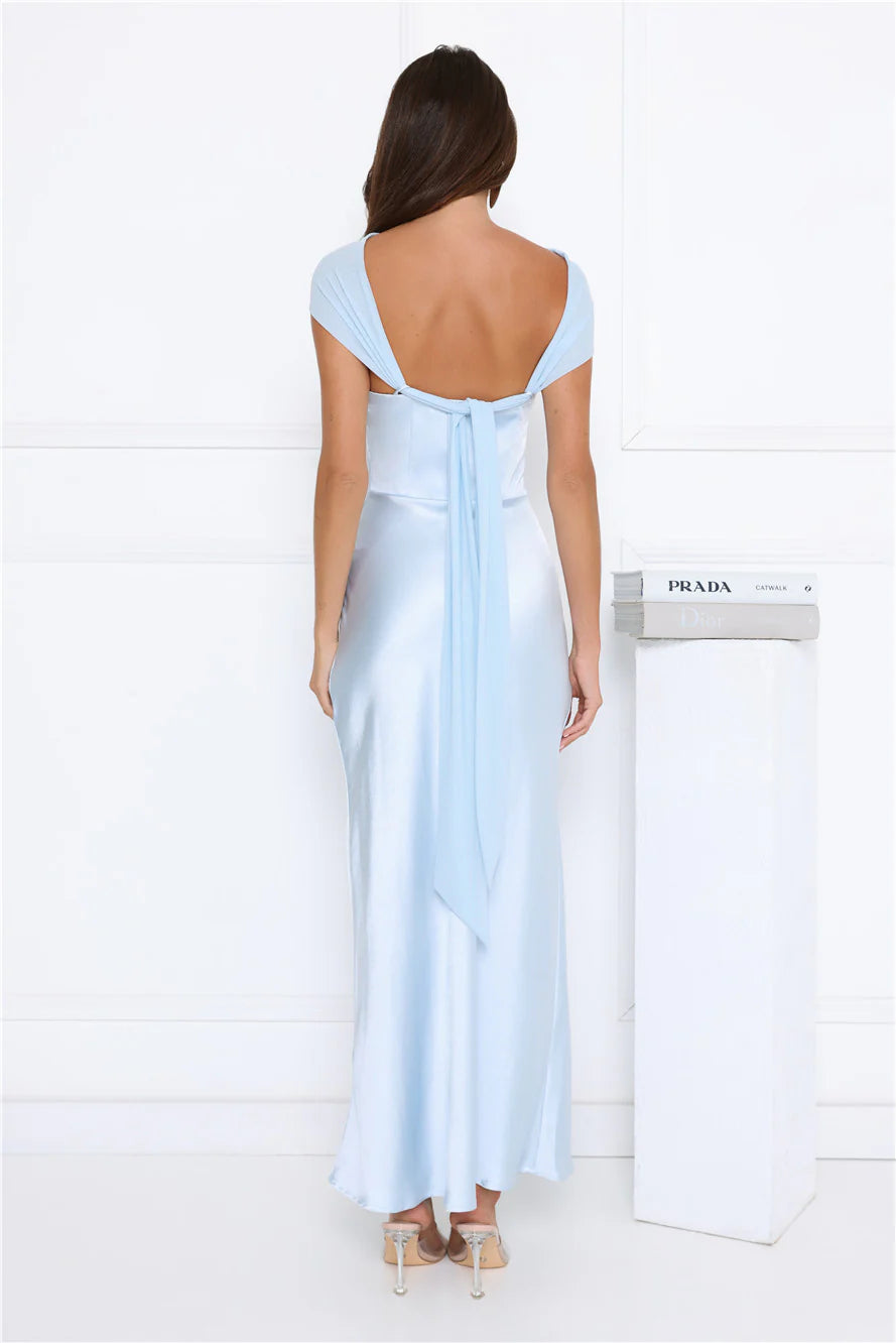 Starry Enchant Satin Strapless Maxi Dress Blue
